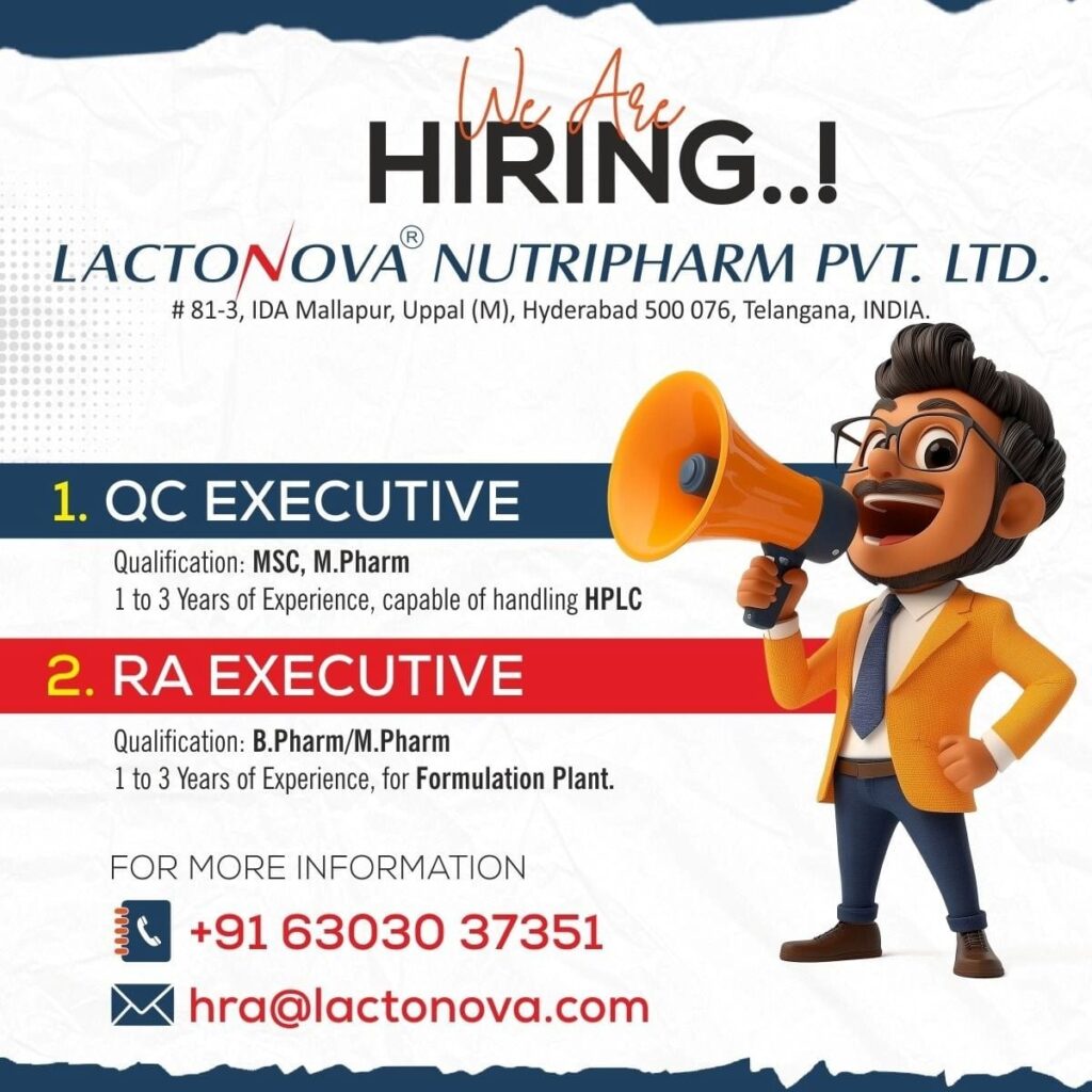 Lactonova Nutripharm Hiring QC & RA Executive Jobs in Hyderabad 2026