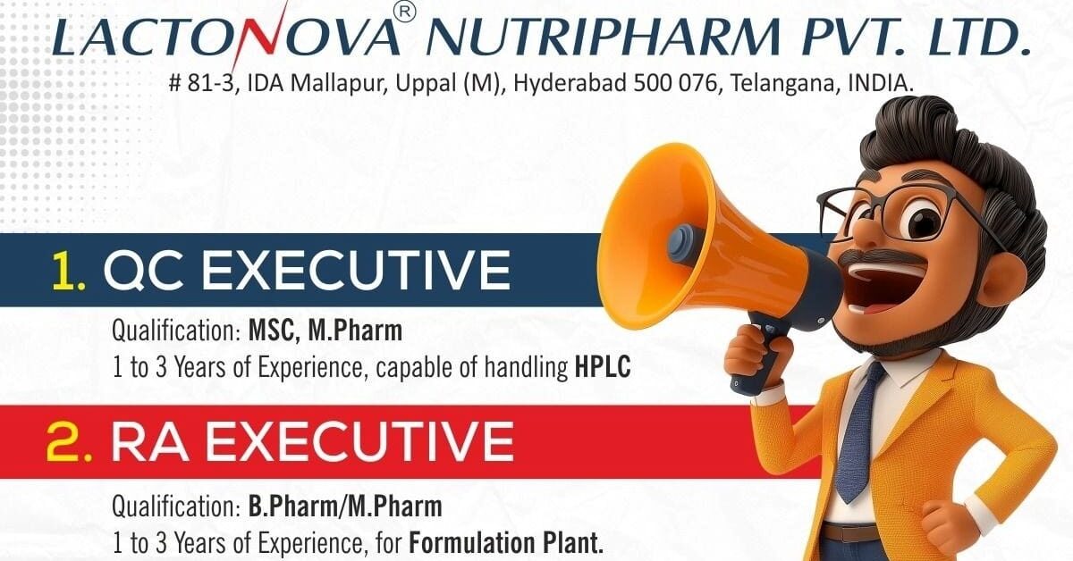 Lactonova Nutripharm Hiring QC & RA Executive Jobs in Hyderabad 2026