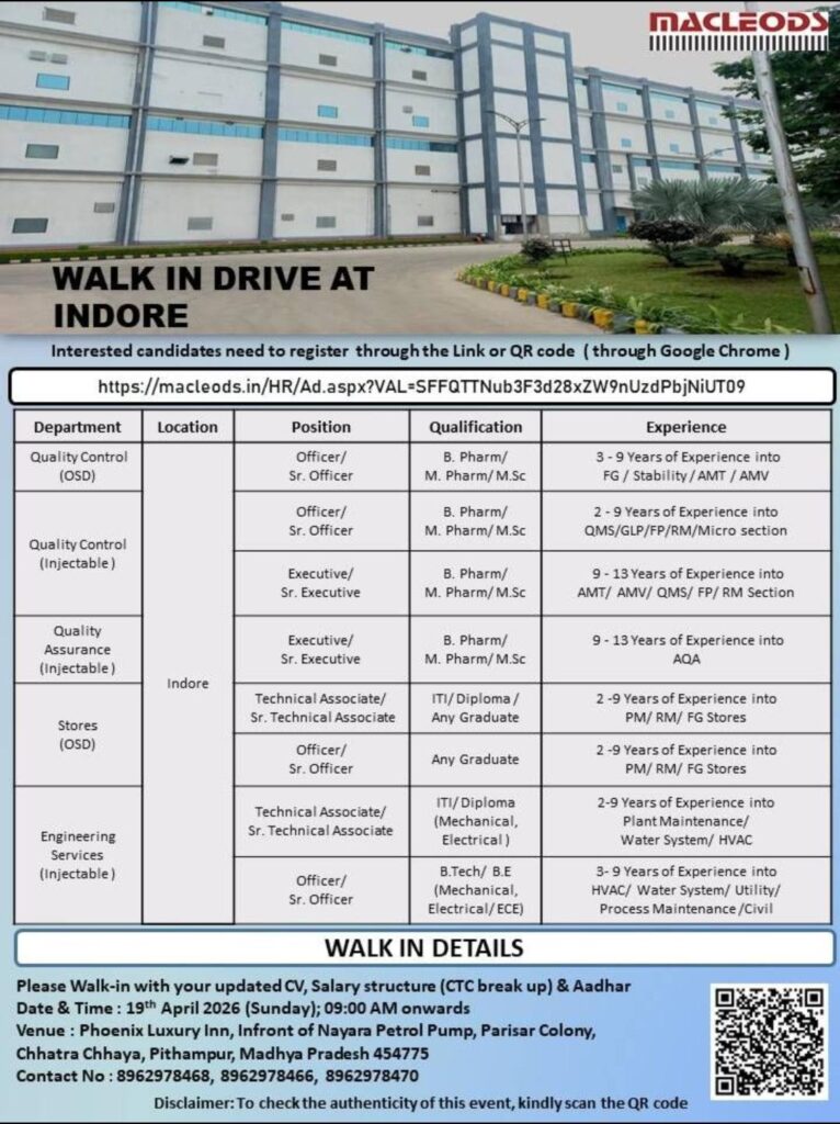 Macleods Pharma Walk-In Drive Indore 2026