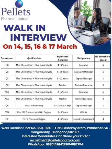 Pellets Pharma Hiring QC QA ARD & Warehouse Jobs