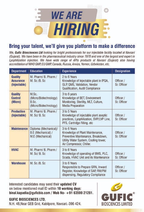 Pharma Jobs for Experienced Candidates in Navsari