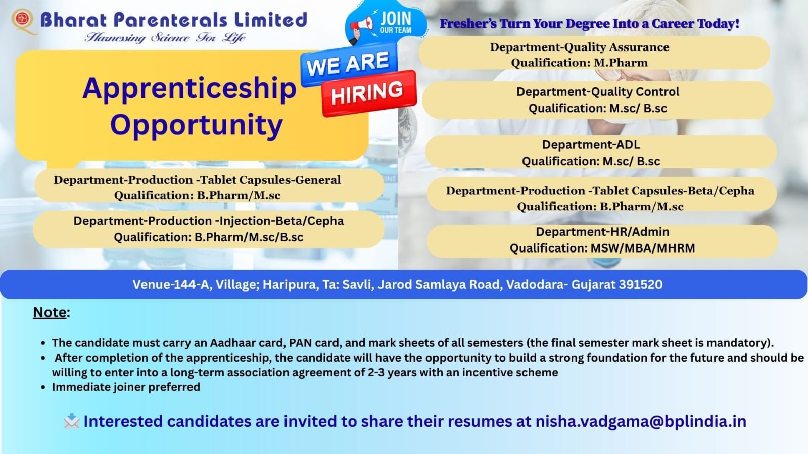 Pharma Jobs for Freshers in Vadodara