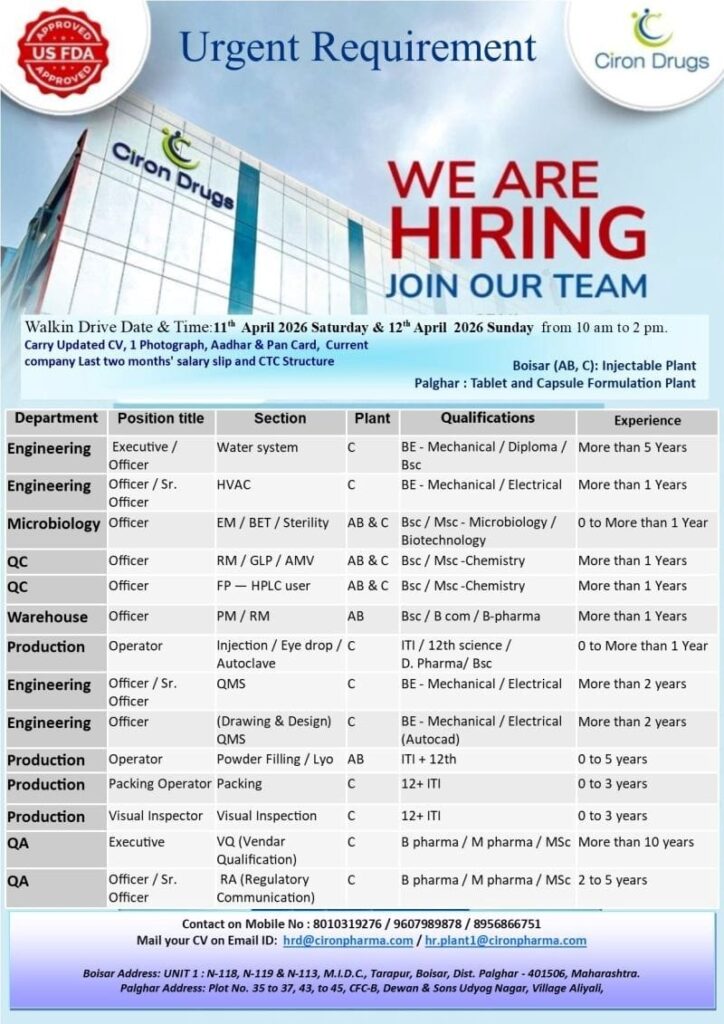 Pharma Jobs in Boisar & Palghar