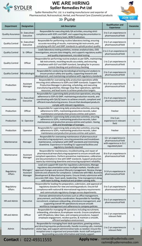 QA QC Production RA Jobs in Pune