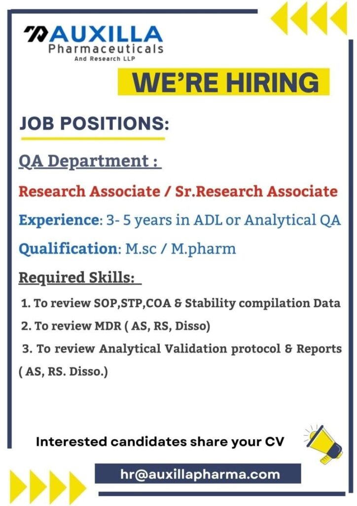 QA Research Associate Jobs for M.Sc & M.Pharm