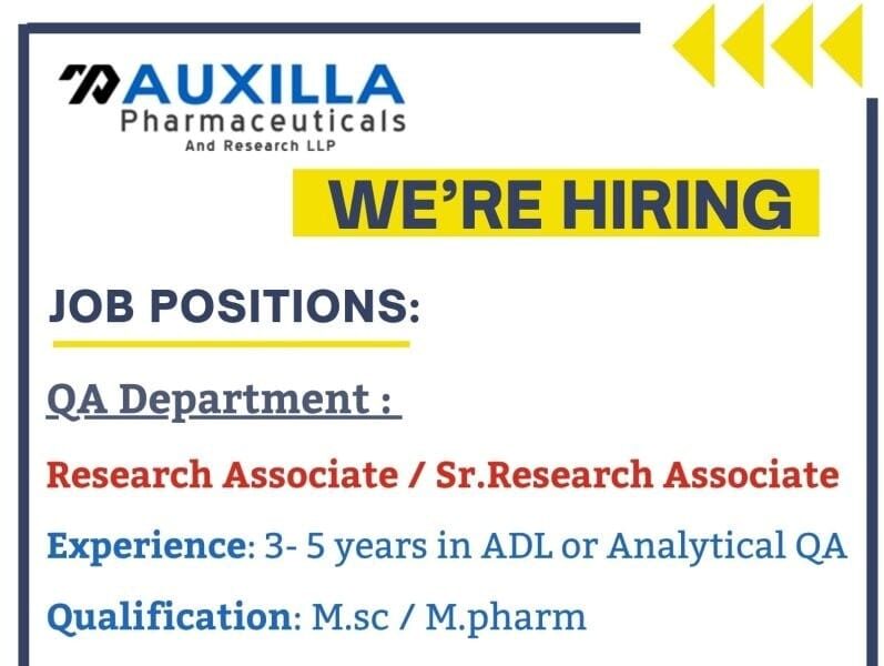 QA Research Associate Jobs for M.Sc & M.Pharm