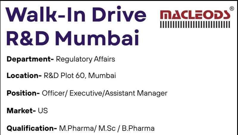 Regulatory Affairs Jobs for M.Pharm B.Pharm M.Sc