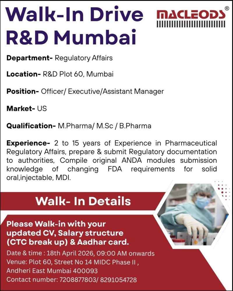Regulatory Affairs Jobs for M.Pharm B.Pharm M.Sc