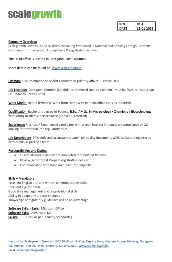 Scalegrowth Regulatory Affairs Jobs Mumbai 