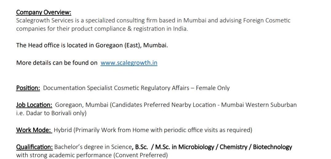 Scalegrowth Regulatory Affairs Jobs Mumbai
