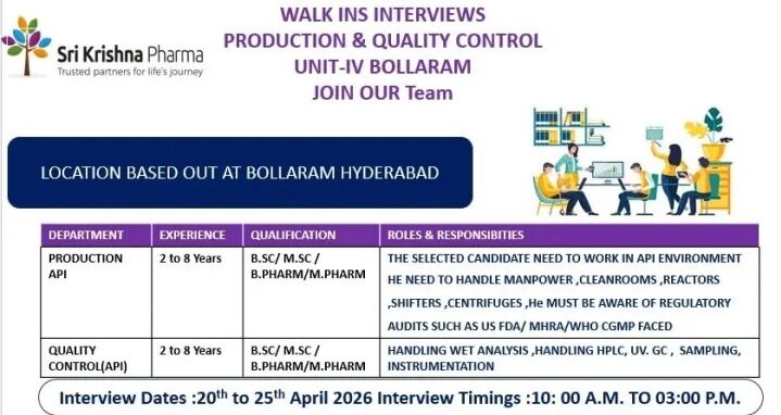 Sri Krishna Pharma Walk-in Interview 2026 | Hyderabad Jobs
