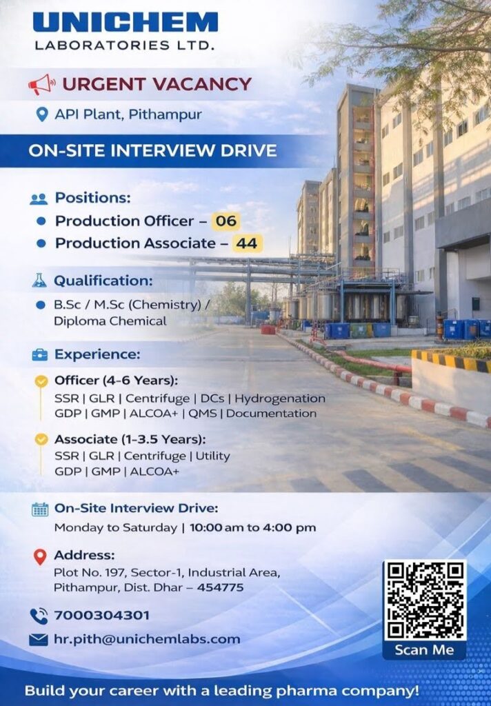 Urgent Pharma Job Vacancy at Unichem Laboratories