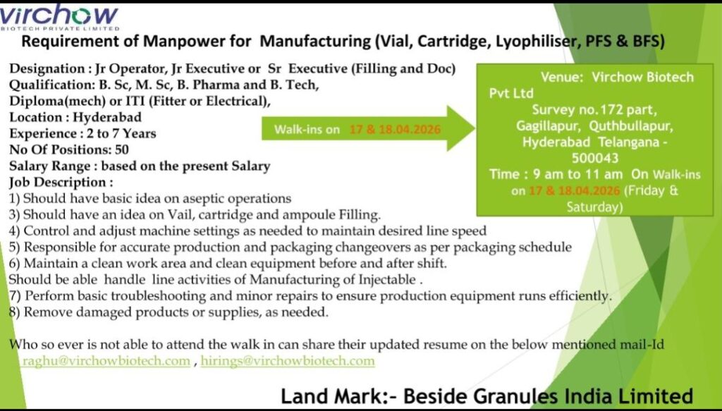 Virchow Biotech Walk-in Drive Hyderabad 2026