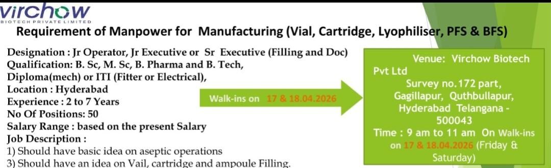Virchow Biotech Walk-in Drive Hyderabad 2026