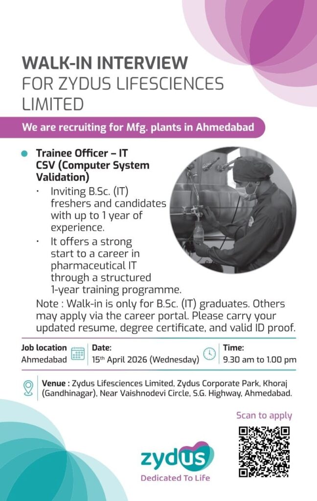 Zydus Lifesciences Hiring Trainee Officer IT CSV
