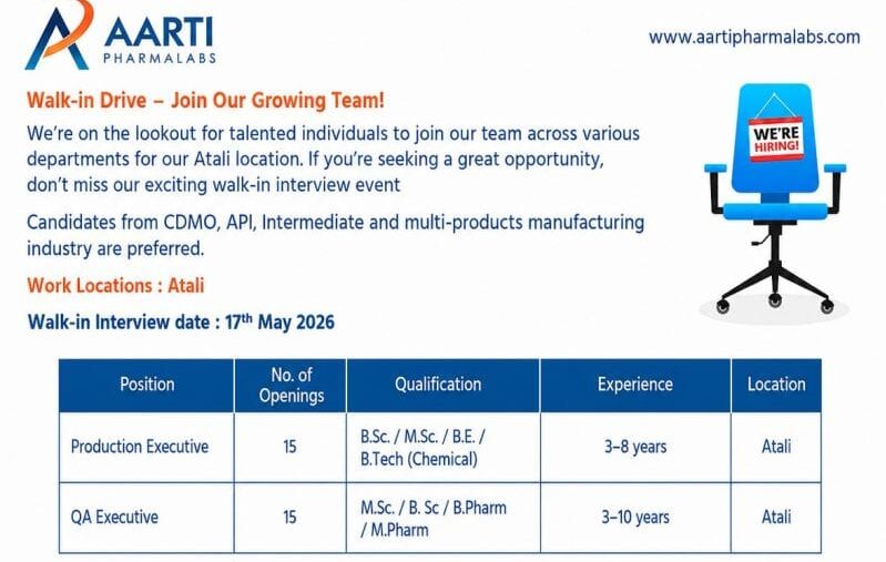 Aarti Pharmalabs Walk-In Drive 2026 Production & QA Jobs