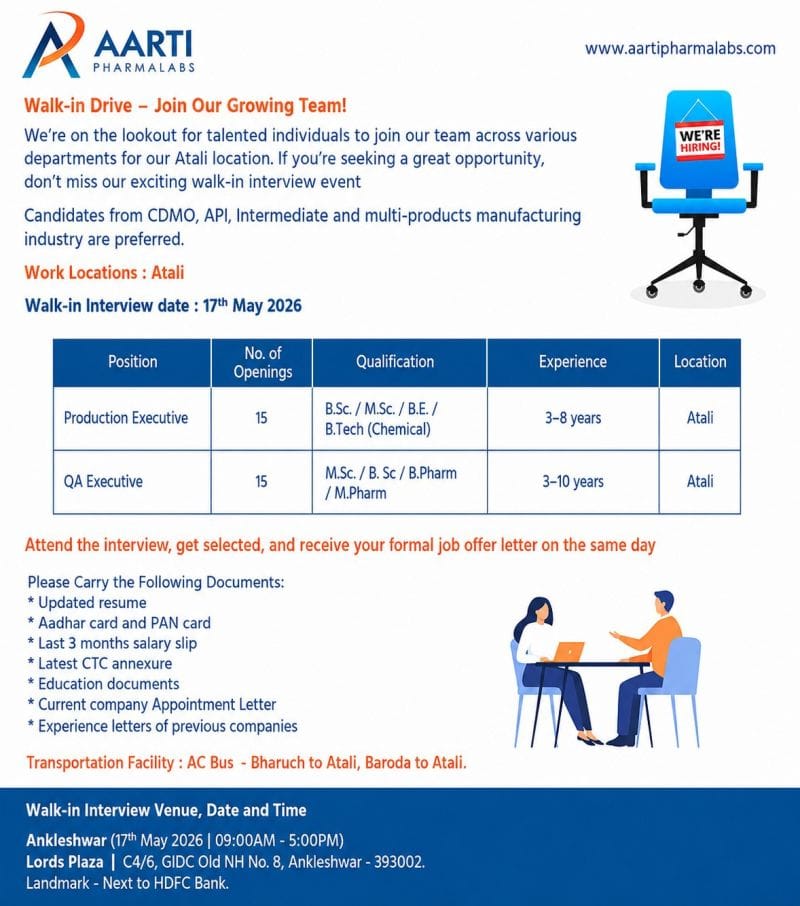 Aarti Pharmalabs Walk-In Drive 2026 Production & QA Jobs