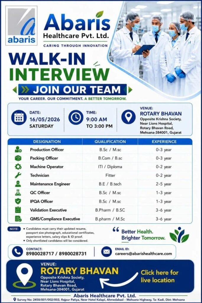 Abaris Healthcare Walk-In Interview 2026 Pharma Jobs in Gujarat