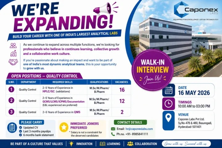 Caponex Labs Walk-In Interview 2026 Quality Control Pharma Jobs