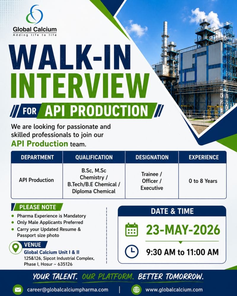 Global Calcium Walk-In Interview 2026 for API Production