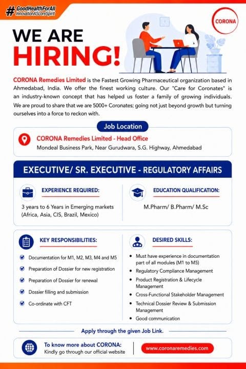 CORONA Remedies Hiring 2026 – Regulatory Affairs Jobs in Ahmedabad