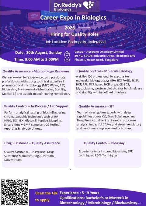 Dr. Reddy’s Career Expo 2026 – Quality Roles in Biologics