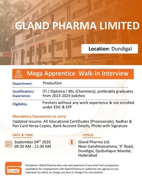 Gland Pharma Apprentice Walk‑In Interview 2026 | Freshers