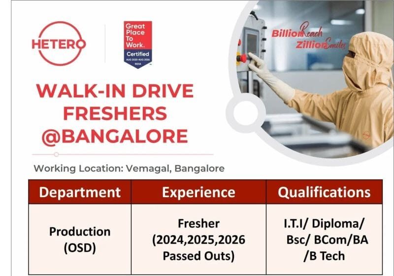 Hetero Walk‑In Drive 2026 for Freshers in Bangalore
