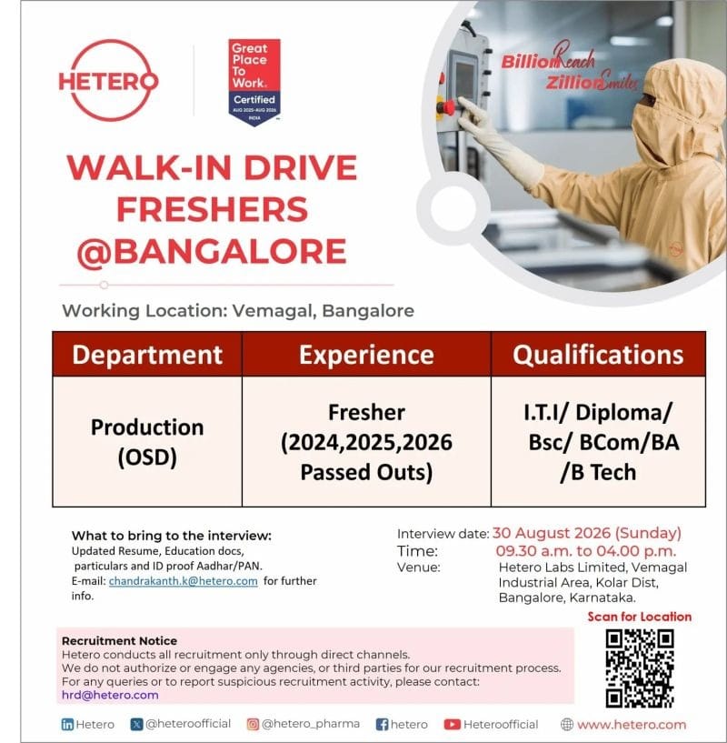 Hetero Walk‑In Drive 2026 for Freshers in Bangalore