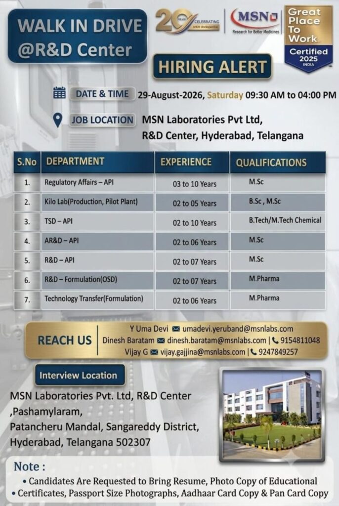 MSN Laboratories Walk‑in Drive 2026 – R&D Center Hyderabad