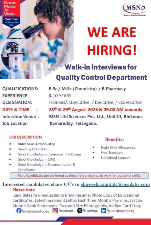 MSN Laboratories Walk‑in Interviews – Quality Control Department 