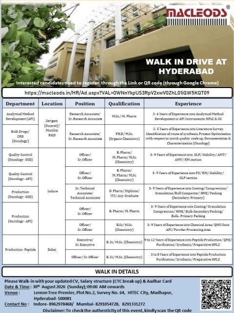 Macleods Walk‑In Drive 2026 – Pharma Jobs in Hyderabad