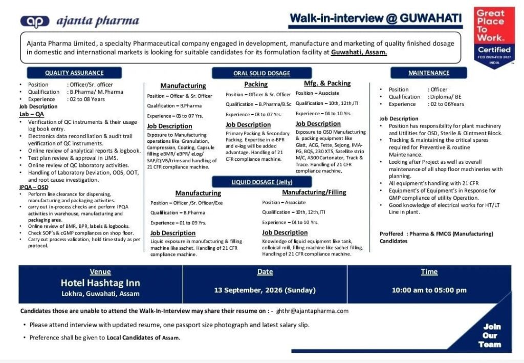 Ajanta Pharma Hiring 2026 Walk‑in Jobs at Guwahati Facility