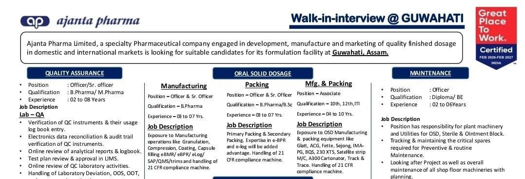 Ajanta Pharma Hiring 2026  Walk‑in Jobs at Guwahati Facility