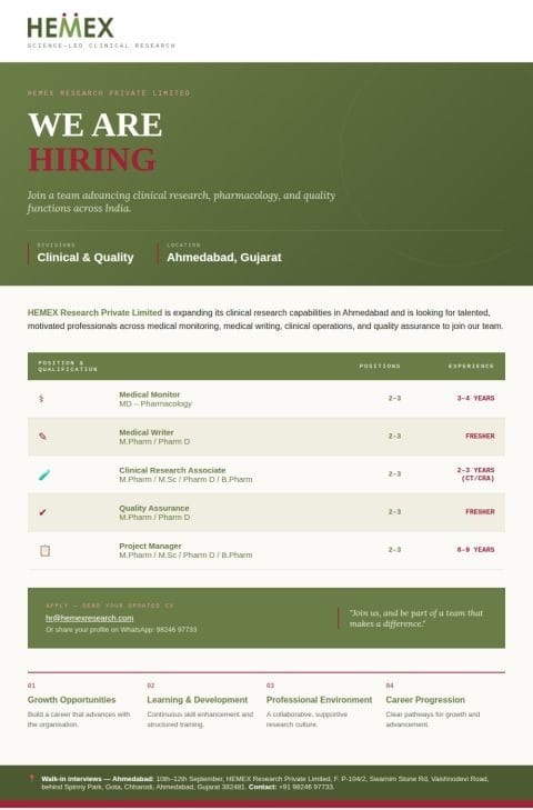 HEMEX Research Hiring 2026 5 Clinical & Quality Job Openings in Ahmedabad