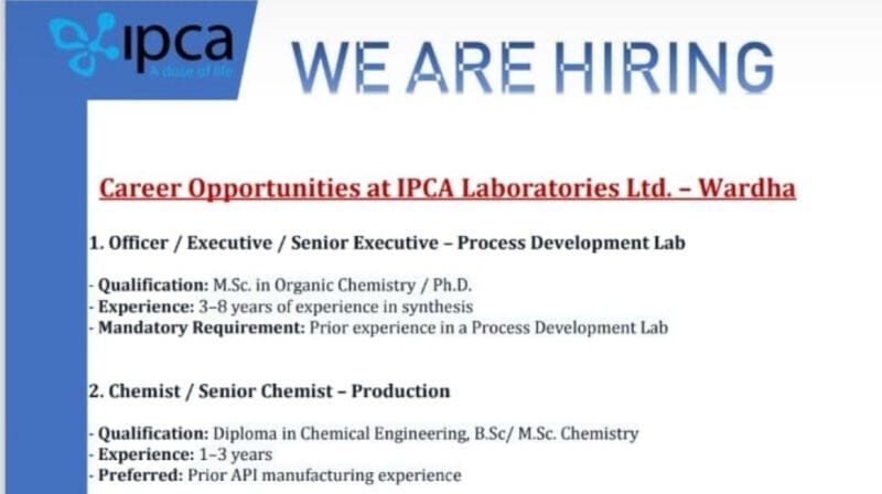 IPCA Laboratories Hiring 2026 3 Exciting Job Openings in Wardha