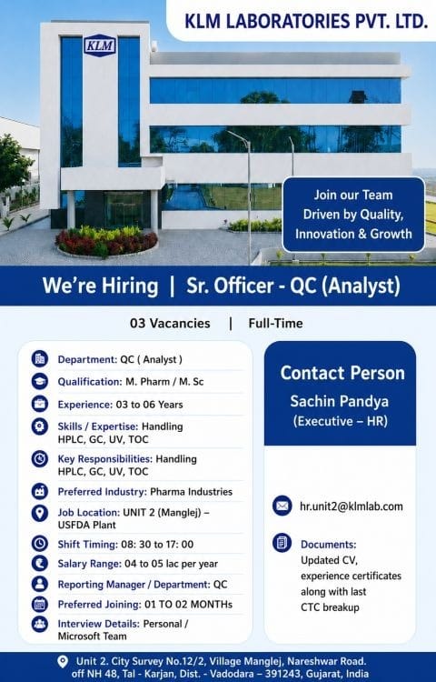 KLM Laboratories QC Analyst Hiring 2026