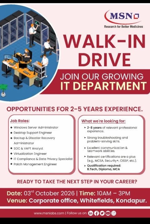 MSN Laboratories Walk‑in Drive 2026 