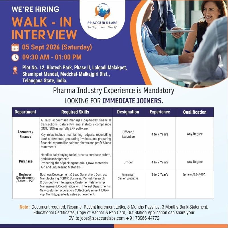 Pharma Jobs in Hyderabad for Accounts Purchase & Business Development