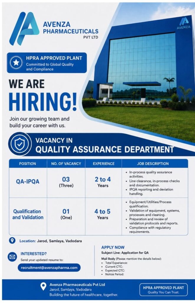 QA‑IPQA Job Vacancy at Avenza Pharmaceuticals | 2026 Hiring