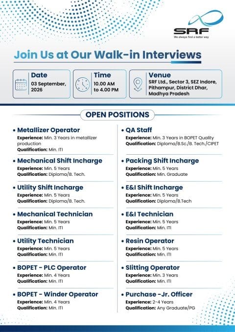 SRF Ltd Walk‑in Interview 2026