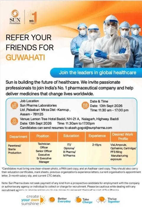 Sun Pharma Hiring 2026: 15+ Sterile Production Jobs at Guwahati