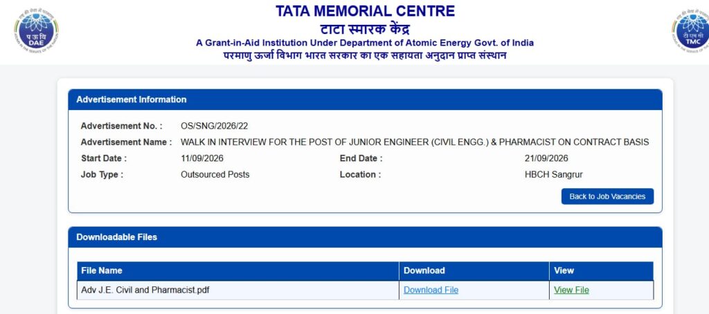 Tata Memorial Centre Hiring 2026