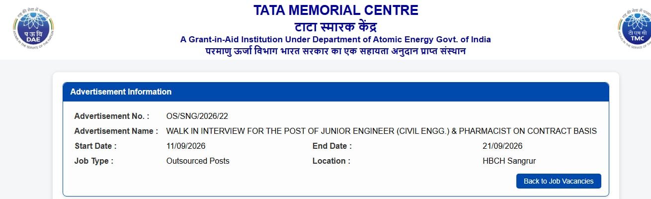 Tata Memorial Centre Hiring 2026