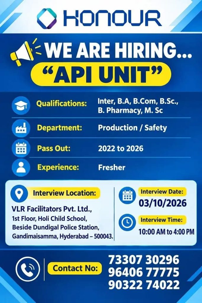 API Unit Jobs in Hyderabad for Freshers
