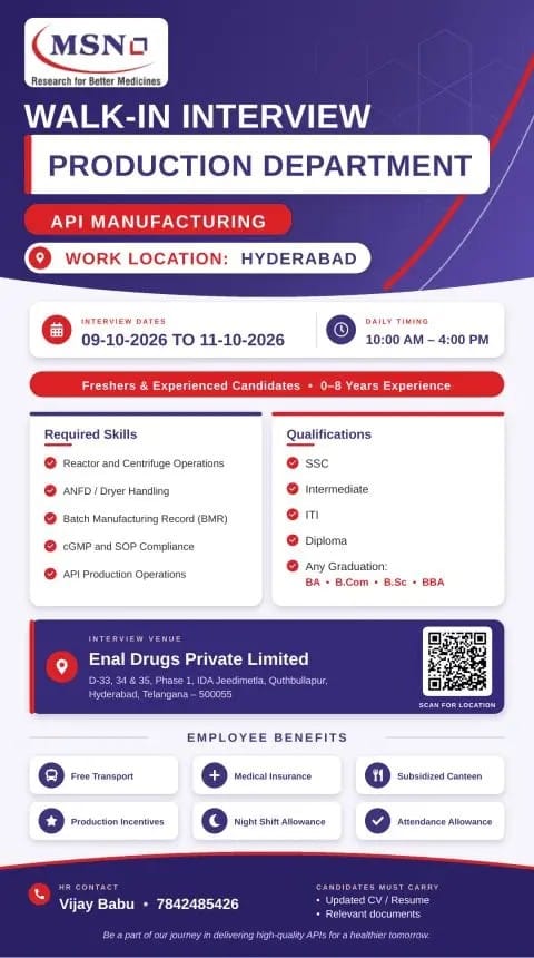 Production & QC Department Hiring in Hyderabad